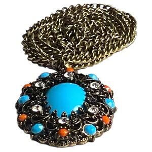 VTG 80s Marlyn Schiff Ornate Oval Pendant Necklace 32”Faux Turquoise+Pink Coral